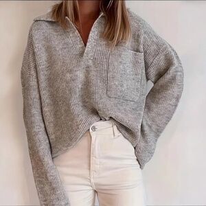 Relaxed Fit Sweater Loose Lapel Large Pocket Gray